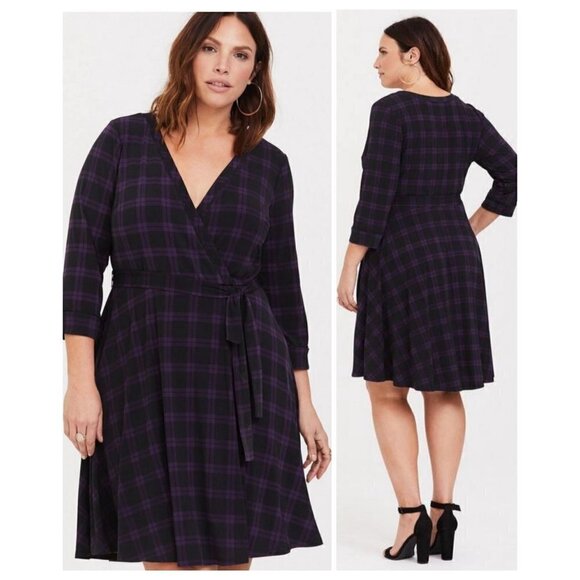 Torrid Jersey Knit Dress Faux Wrap V-Neck Purple Black Plaid Women's Sz 3 (3X) - Picture 1 of 10